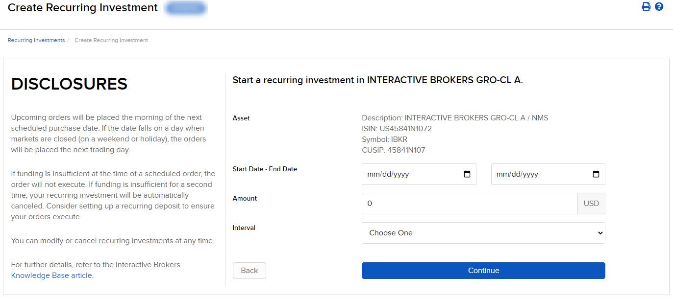 Image of the create recurring investments disclosures in portal. 